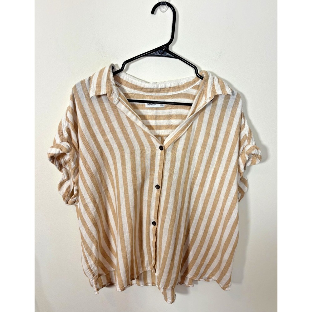 Sonoma Women's Large Collared Striped Tan and White Button Up Blouse Shirt